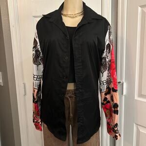 Alt style streetwear Whatlees Black Button Front Shirt Jacket Graphic Sleeves XL